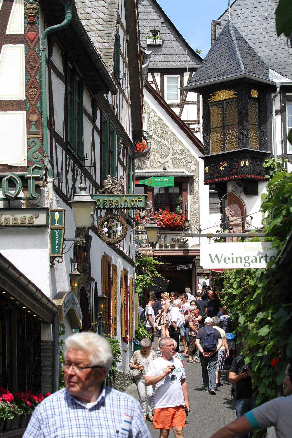 Die Drosselgasse in Rüdesheim mit Fachwerk und Weinlaub