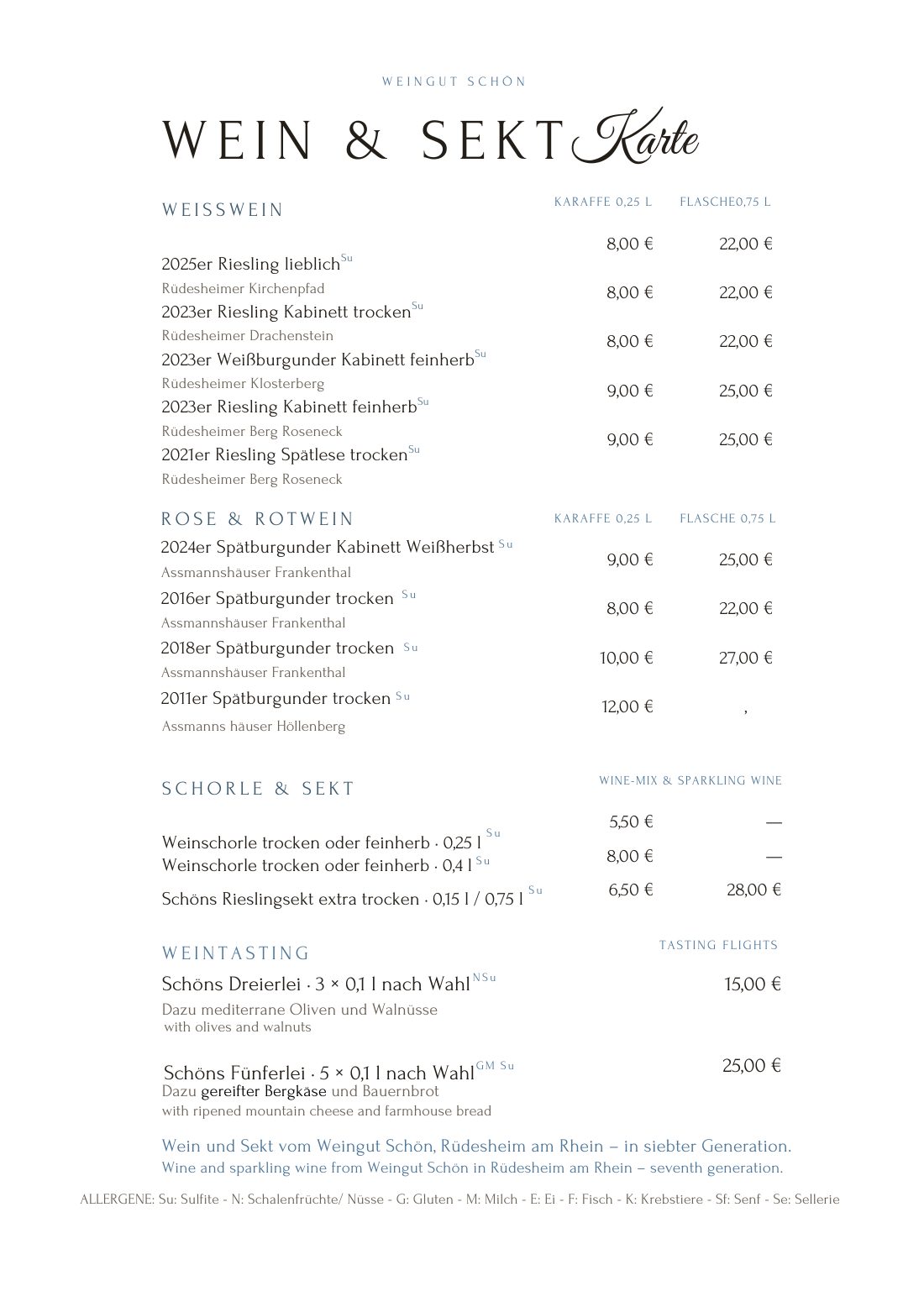 Wein- und Sektkarte vom Weingut Schön: Weißwein, Rosé und Rotwein in der Karaffe und in der Flasche, Schorle, Rieslingsekt und Weintasting