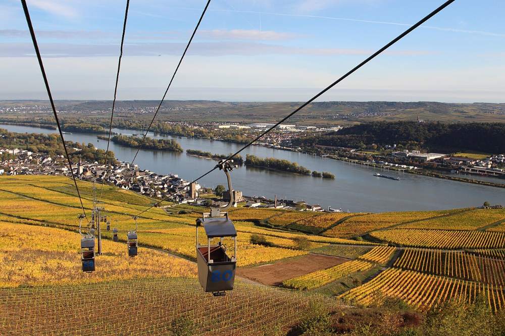 Die Kabinenbahn von Rüdesheim schwebt über die Reben, unten der Rhein